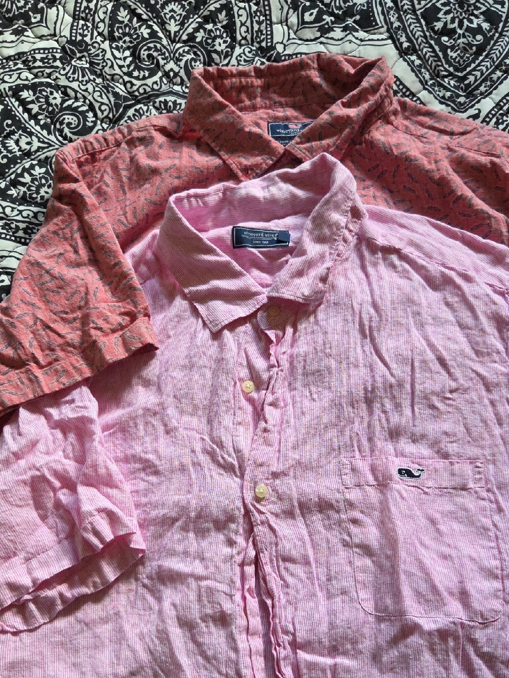 Vineyard Vines Pink Linen Short-Sleeve Button-Down with Coral Patterned Shirt